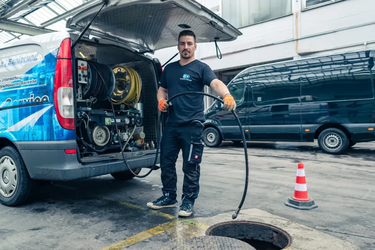 Techniker prüft Fallrohr an der Fassade des Hauses