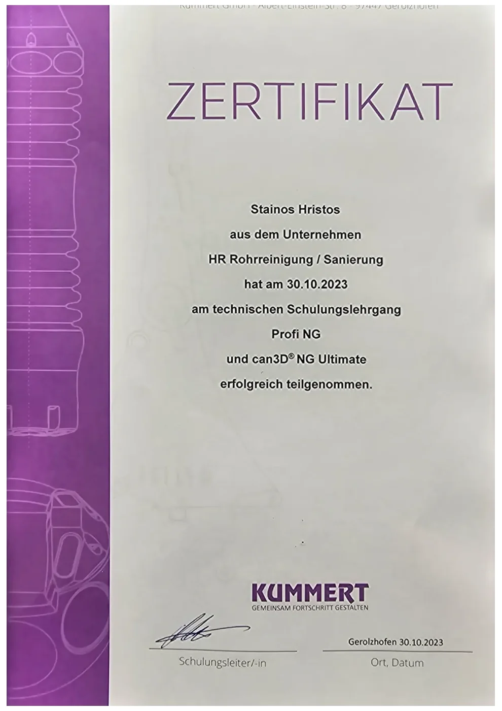 Kummert-Zertifikat Schulungslehrgang Profi NG und can3D für Hristos Stainos
