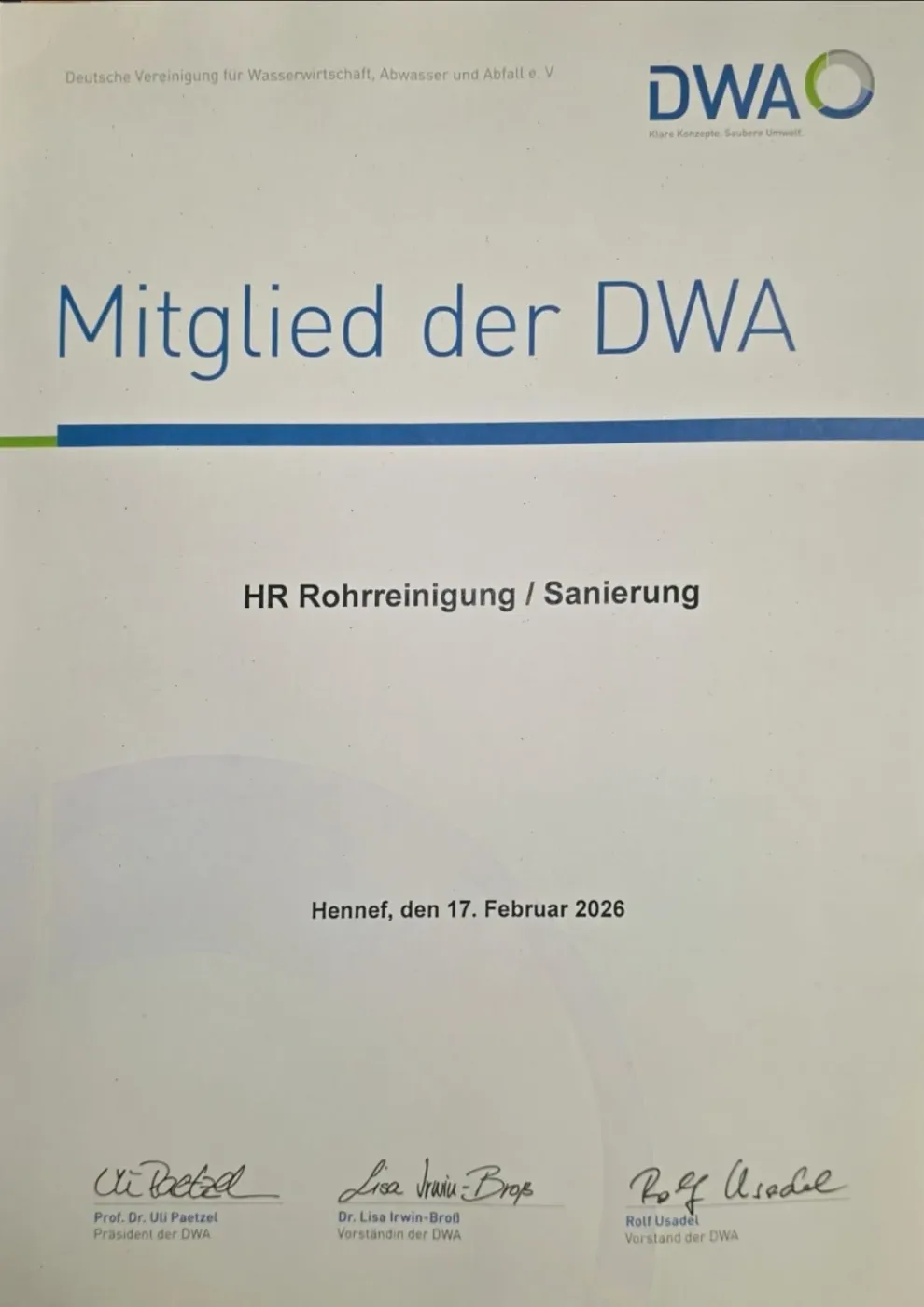 DWA-Mitgliedsurkunde der HR Rohrreinigung/Sanierung — Deutsche Vereinigung für Wasserwirtschaft, Abwasser und Abfall e. V.